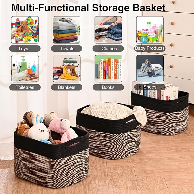 ICERZCZ Storage Baskets for Organizing Shelves, Toy Basket for Kid's Room, Woven Cotton Rope Basket for Decor, Organizing Baskets for Bedroom Living Room, 15"x11"x9.5", 3 Packs, Black & Jute - Image 4