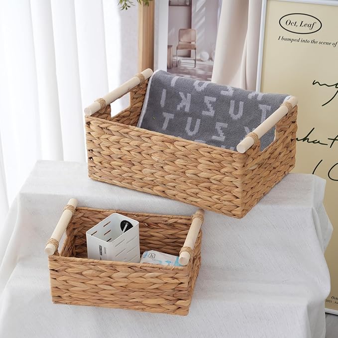 Woven Storage Baskets, Wicker Shelf Baskets, 3-Pack, 3 Sizes | 3-piece rectangular woven basket set in small, medium and large sizes; natural wicker organizers for shelves and cabinets. - Image 5