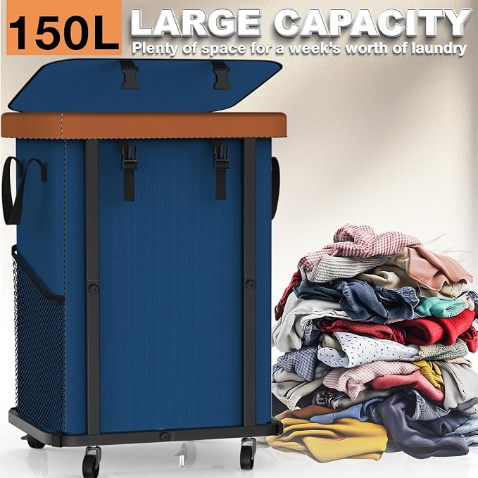 Laundry Basket with Wheels,150L (40 Gal) Rolling Hamper Carts - Navy Blue | Leather Patchwork Laundry Hamper,Sturdy Metal Frame, Removable Washable Bag, Tall Clothes Sorter for Bedroom, Laundry Room - Image 3