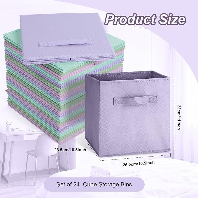Hillban 24 Pcs Storage Cubes 11'' Collapsible Storage Bins Bulk Fabric Cubes Basket with Dual Handles Organizer Cube for Closet Toy Classroom Shelf Room (Solid Style,Pastel) - Image 2