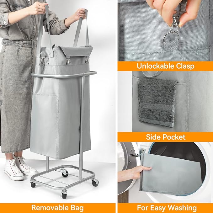 WOWLIVE 100L Rolling Laundry Basket with Wheels, Tall Laundry Hamper | Laundry Cart with Steel Frame and Removable Bag, Foldable Dirty Clothes Hamper for College Dorm, Laundry Storage, Grey - Image 5