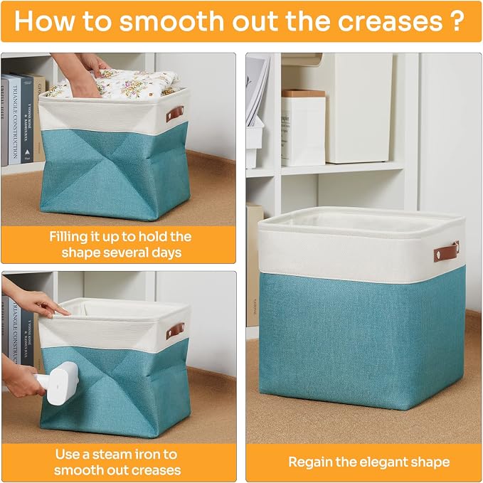 DULLEMELO Storage Bins for Organizing,Closet Storage Baskets for Gift Empty,Large Linen Canvas Storage Bins with Handles for Home Office Toys Shelves(White&Teal, 13 inch Cube) - Image 5