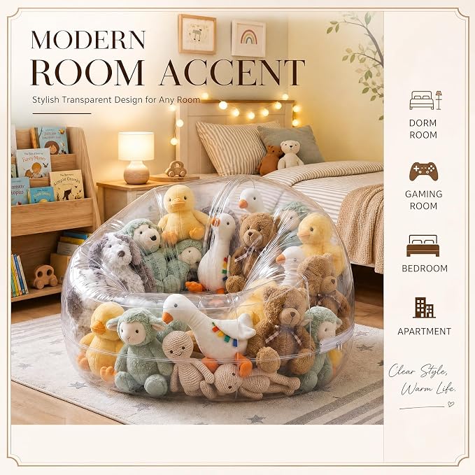Sliner 2 Pcs Stuffed Storage Bean Bag Cover,43.3 * 43.3 * 30.7inch,PVC,Gray | Stuffable Zipper Organizer for Plush Toys or Foam, No Filler, Cotton Fabric, Extra Seating in Bedroom, Washable Adults - Image 6