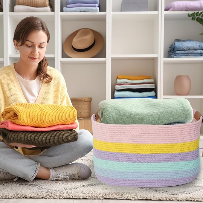 Large Laundry Basket, 108L Rectangle Woven Baskets for Storage for Living Room, Laundry, Nursery, Pillows, Baby Toy chest, Blanket Storage with Leather Handle, 25’’*16’’*16’’ Rainbow - Image 6