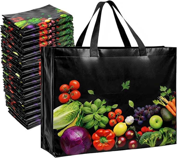 Simply Cool 25 Pack Reusable Grocery Bags, Large Tote Bags Bulk, Black | 13”x12.6”x7.25" Heavy Duty Non-woven Printed Shopping Bags with Handles, Foldable, Washable for Retail and Commercial use by SimplyCool