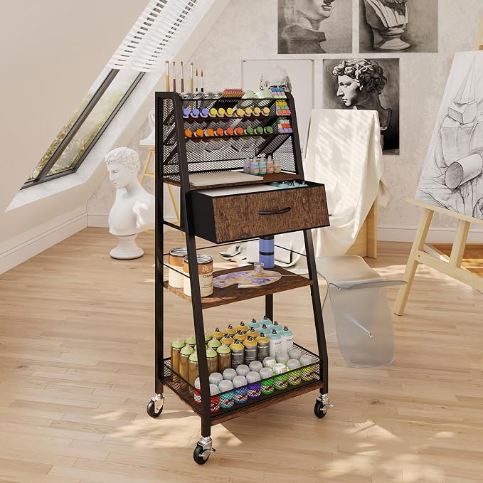 3 Tier Rolling Cart - Metal Utility Cart with Storage Drawer and Wheels, Versatile Art & Craft Organizer for Home, Office, or Studio - Ideal for Storing Brushes, Paints, and Supplies - Image 7