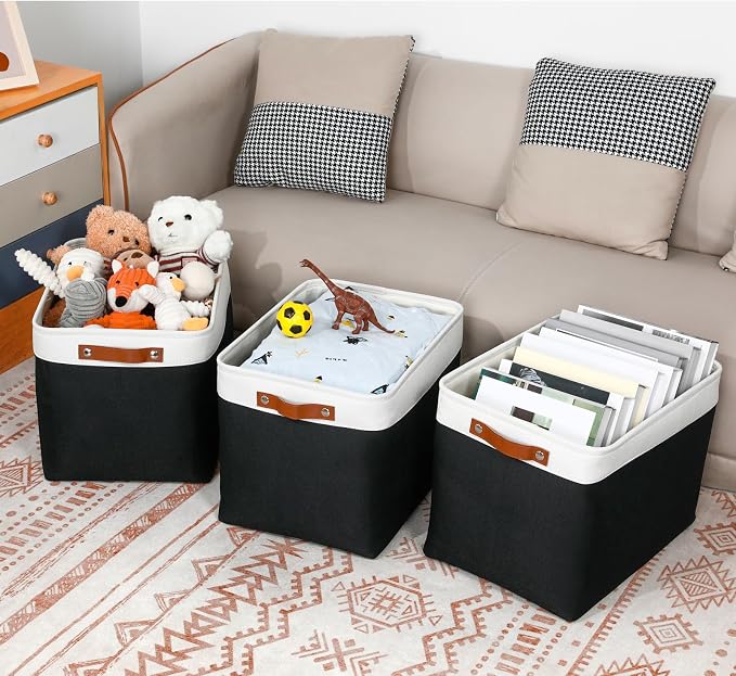 DULLEMELO Large Storage Baskets Fabric Storage Bins, Canvas Storage Basket for Shelf Toys, Decorative Large Storage Bins with Handle for Baby Gift(White&Black) - Image 4