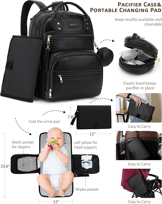ROSEGIN Premium Vegan Leather Diaper Bag Backpack with Waterproof Changing Pad, Reinforced Zippers & Odor-Free, 20 Pockets Pro Organizer, Fits 15.6" Laptop, Stroller Straps, Baby Bag for Mom, Black - Image 3