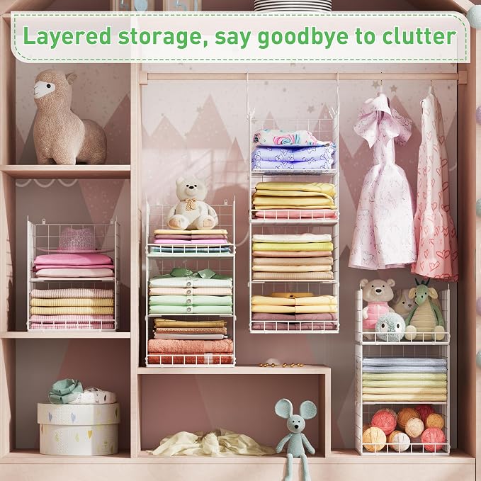6 Tier Hanging Closet Organizers and Storage, 4 Hooks 2 Adjustable Dividers | Stackable Hanging Closet Shelves, Wire Storage Basket Bins for Clothing Purse Sweaters Shoes Socks Dolls, Foldable - Image 7