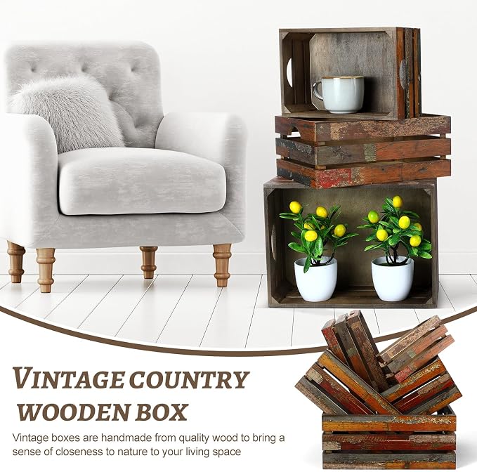 Barydat Set of 5 Wood Crates for Display Decorative Nesting Wooden Crate Storage with Handles Vintage Farmhouse Style Decorative Boxes Multipurpose Fruits Vegetables Boxes(Colored Drawing,Random) - Image 5