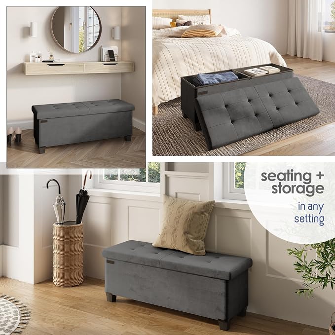 Storage Ottoman Bench with Bins, 43-in Storage Bench for Bedroom End of Bed, Folding Foot Rest Ottoman for Living Room Max 660lbs, Velvet Ottomans, Grey - Image 4