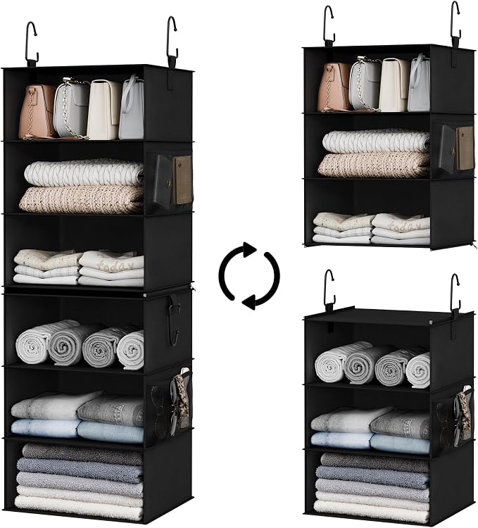 StorageWorks Hanging Closet Organizer 6-Shelf, Jumbo Separable Two 3 Shelf Closet Storage Organizer with Side Pockets, Portable Hanging Shelves for Wardrobe, RVs, 13 "D x 15 "W x 47 ¼"H, Black by StorageWorks