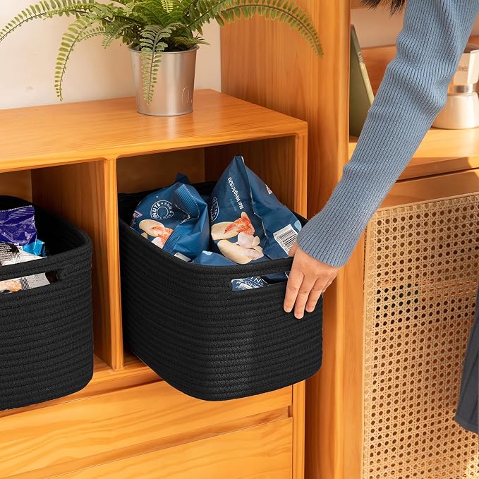 OIAHOMY 4 Pack Storage Baskets for Organizing 15L Cube Storage Bins Black | Woven Baskets for Storage Rectangle Small Baskets With Handles Baskets for Shelves Wicker Baskets for Shelves 12.7x9x7.8inch - Image 3