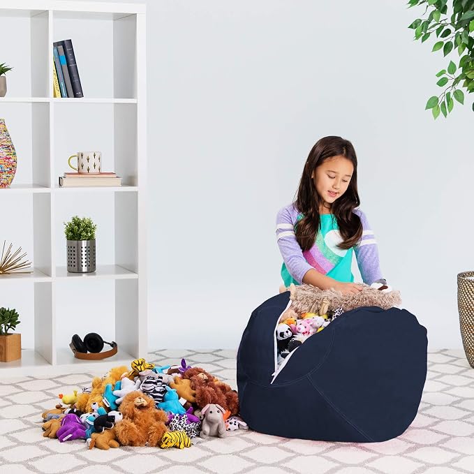 Posh Stuffable Kids Stuffed Animal Storage Bean Bag Chair Cover - Childrens Toy Organizer, Medium 27" - Solid Navy Blue - Image 6