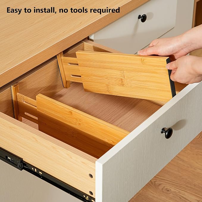 Fabsome Dresser Drawer Organizers 6 Pack, 4.65'' High Adjustable from 12.5-17‘’ Bamboo Drawer Dividers for Clothing Baby Clothes, Wooden Separators for Dresser Nursery Organization with Soft Foam Ends - Image 9