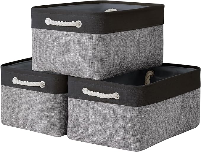 Collapsible Storage Bin for Shelves - 16x12x8 inch Large 3 Pack Storage Basket for Organizing with Rope, Fabric Storage Cubes for Organizer Toy Cloth Gift Closet (Black & Grey) by TheWarmHome
