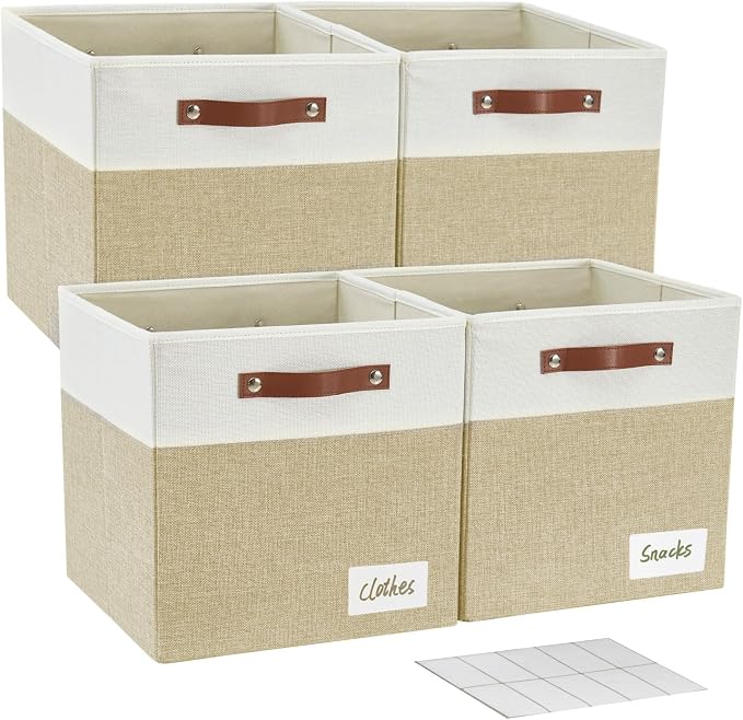 Collapsible Fabric Storage Cube Bins with 2 Reinforced PU Handles, Foldable Storage Organizer Baskets for Closet, Shelves, Living Room | 13"x13"x13", 4 Pack, Beige & White by Bagnizer