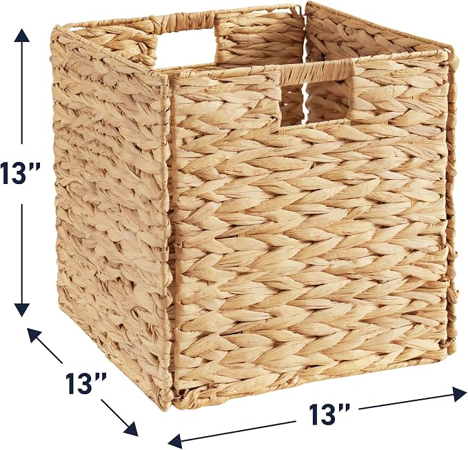 Ornavo Home 13x13 Water Hyacinth Storage Baskets Set of 8, Natural | Handwoven Collapsible Wicker Cube Bins with Handles; Ideal for Bathroom, Bedroom, Laundry or Pantry - Image 2