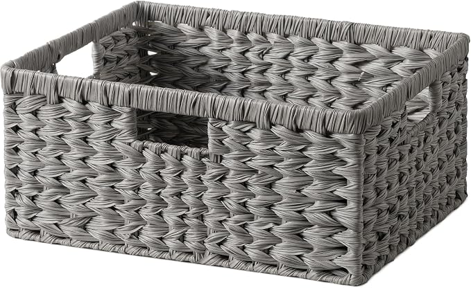 GRANNY SAYS Wicker Baskets for Organizing, Waterproof Pantry Basket, 1-Pack | Plastic Wicker Storage Baskets for Shelves,Large Wicker Baskets for Storage,Handwoven Storage Baskets with Handle,Grey Basket by GRANNYSAYS