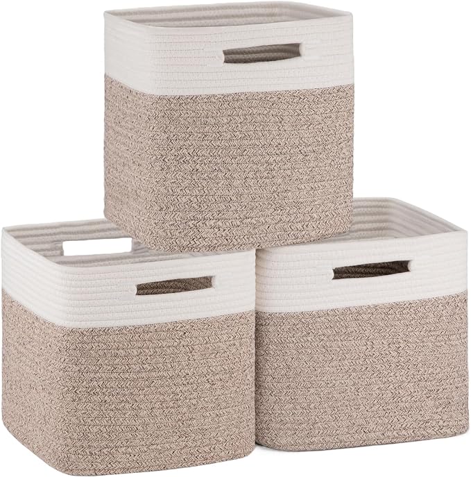OIAHOMY Cube Storage Basket, 3-Pack Woven Cotton Rope Baskets, 11-Inch Cube Basket with Handles, Great for Shelves, Closets, Children's Toy Organization - White & Brown by MasterofSpaceOptimization