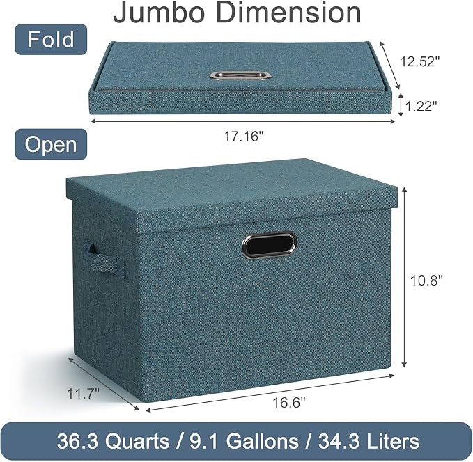 Storage Bins with Lids Fabric Closet Organizers Cubes Office Organization | 36 Quart 3 Pack Blue-Green Collapsible Stackable Linen Fabric 4 Handles Bedroom Closet Cabinet Under Bed Clothes Toy Office - Image 2