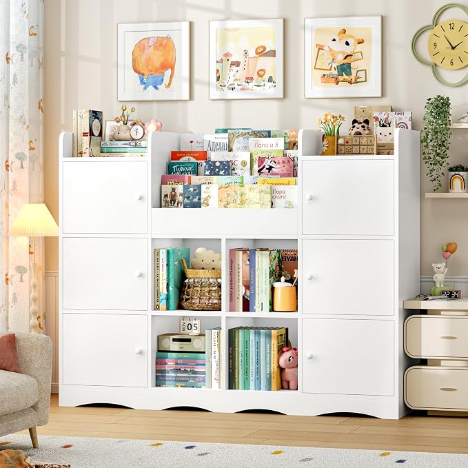 Toy Organizers and Storage with 10 Cubbies and 4 Tier Bookshelf | 55" Large Kids Bookshelf Toy Organizers and Storage with Raised-Edge Top Shelf, Playroom Storage and Toy Chest, White by finetones
