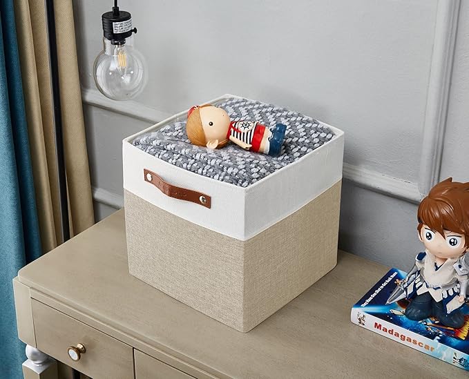 DECOMOMO Fabric Cube Storage Bins, Storage Baskets for Shelves 4 Pack | 11 inch Cube Storage Organizer for Kallax and Cubbies (Beige & White) - Image 4