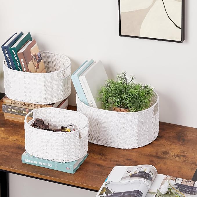 Wicker Storage Basket, Set of 3 Hand-Woven Paper Rope Storage Baskets for Organizing, Round Storage Basket With Handles, Large Wicker Storage Organizer Bins Baskets for Shelves & Decor, White - Image 7