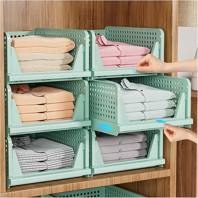 SNSLXH 5 Pack Stackable Closet Organizer Box, Multifunctional & Foldable Closet Storage Basket for Bathroom Kitchen Laundry Room Wardrobe Storage, Space-Saving Clothes Storage Drawer Organizer, Green by SNSLXH