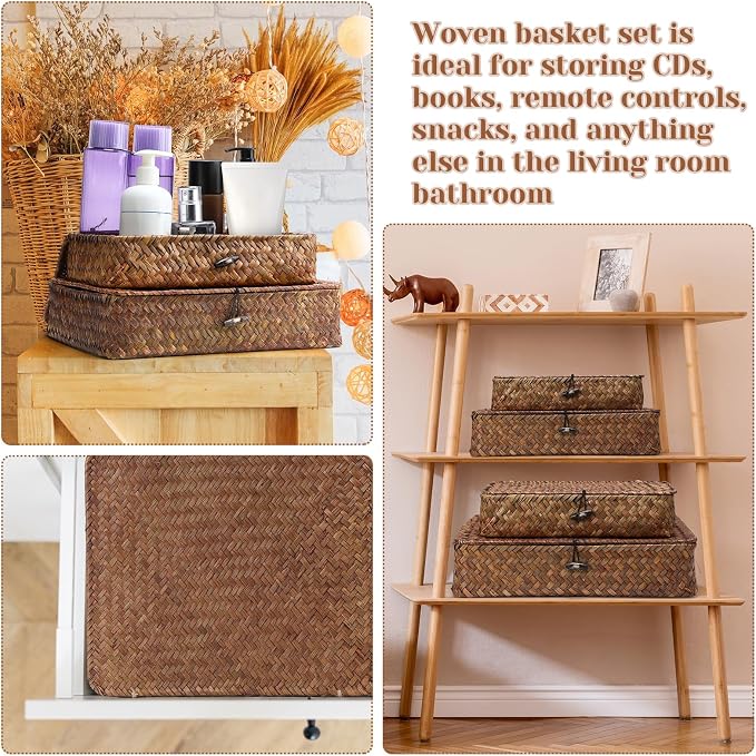 Didaey Set of 4 Seagrass Basket with Lid Wicker Storage Basket Decorative Storage Boxes with Lids Flat Storage Bins Woven Organizer Baskets for Shelf Closet Bedroom, 4 Sizes (Dark Brown) - Image 6