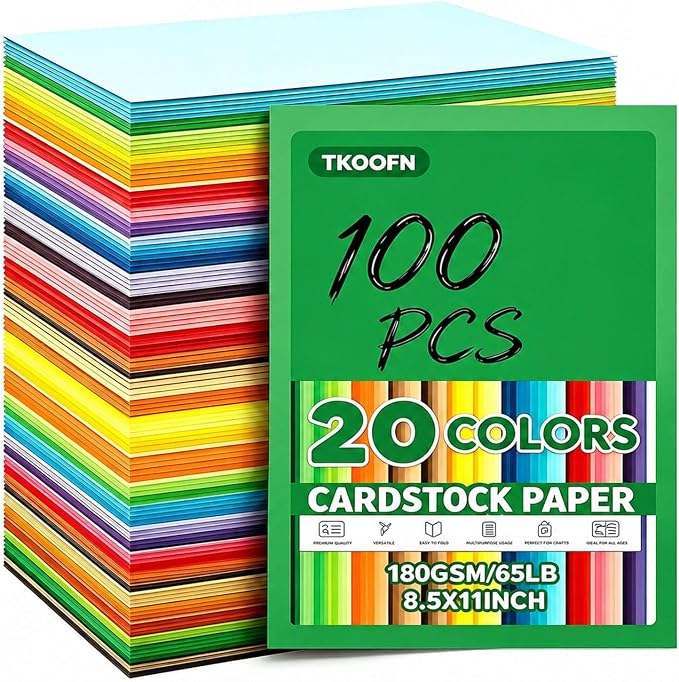 Tkoofn 100 Sheets 8.5" x 11" Colored Cardstock for Kids Card Making DIY | 20 Assorted Colors,180GSM/65LB,Heavyweight Construction CardStock Printer Paper for School Supplies,Party Decorations by TKOOFN