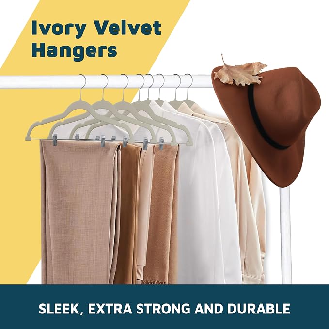 Lifemaster Velvet Skirt Hangers – with Adjustable Clips, 360 Degree Swivel Hook, and Non-Slip Shoulder Notch, Holds Up to 10 lbs, for Organizing Skirt, Pants, Dress, and Clothes, Pack of 20, Ivory - Image 7