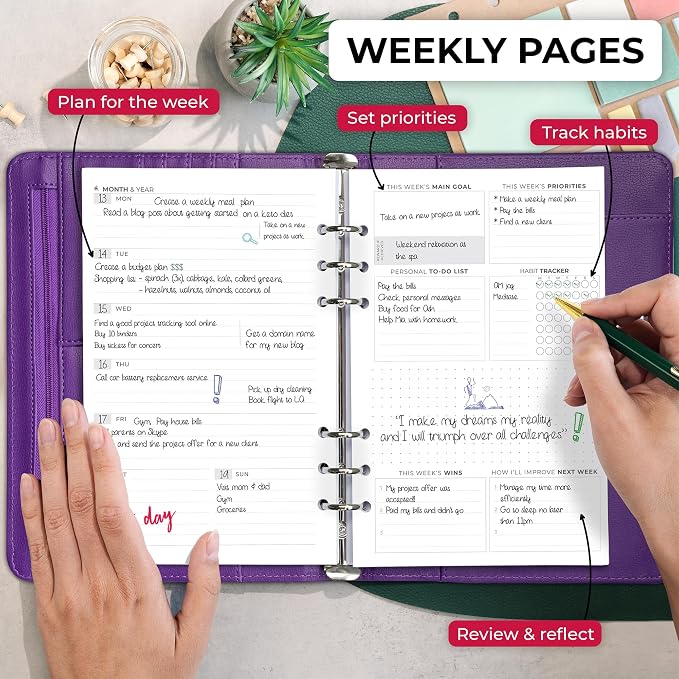 Clever Fox Weekly Planner Binder, Undated Daily A5 Eco Leather Purple | 7 x 10 in with A5 pages, mini 3 ring portfolio organizer, work time manager, day runner, agenda book with monthly calendars - Image 3