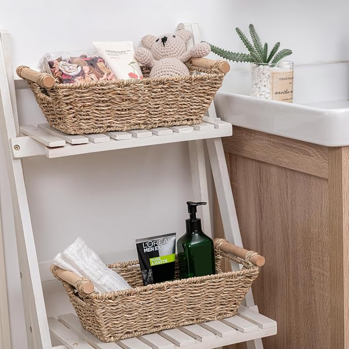Small Wicker Baskets,small baskets for organizing,wicker storage Basket,small woven basket Seagrass Storage Baskets,Rattan Basket for Shelves Toilet Paper Basket with Handle,4 Pack - Image 5