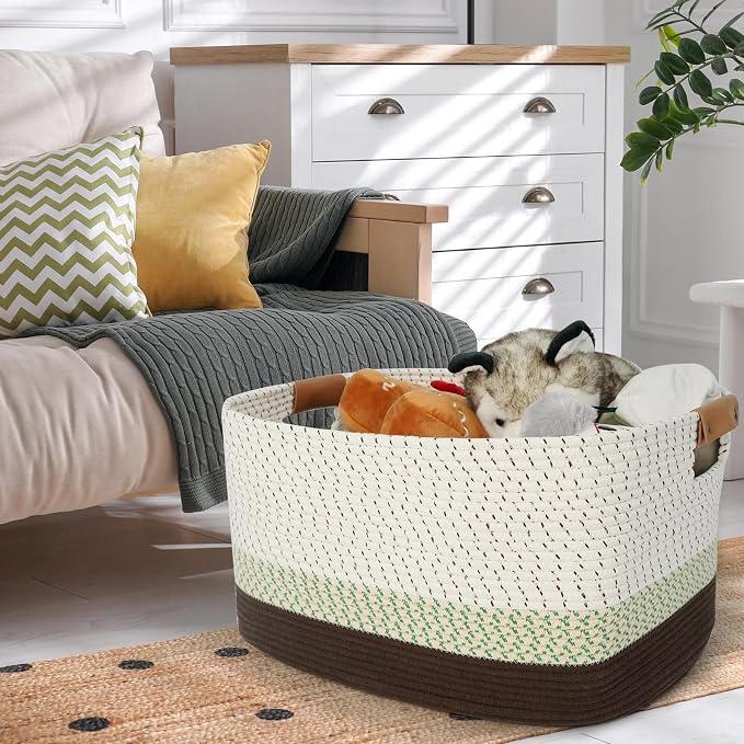 108L Large Basket for Living Room, Nursery & Laundry, Kids Toy Basket Storage with Leather Handle, 25’’*16’’*16’’ White & Mottled Green - Image 3