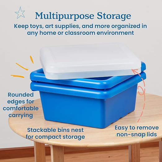 ECR4Kids Stackable Square Bins with Non-Snap Lids, Multipurpose Organization, Blue, 2-Pack - Image 4