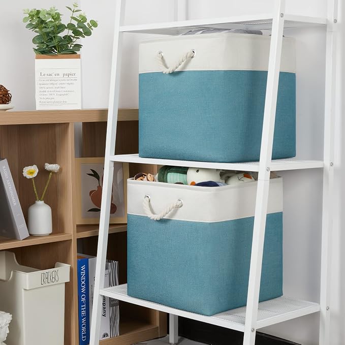 Temary Fabric Storage Set - 4 Large Cube Baskets (13x13), White & Teal - Image 3