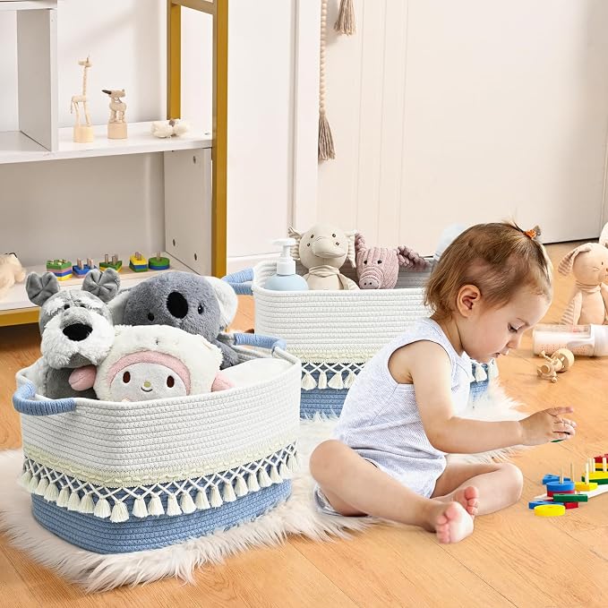 2 Pack Storage Basket, Heavy Tassel Woven Baskets for Storage, Boho Cotton Rope Storage Bin, Cube Organizer Bins, Baby Laundry Basket for Clothes, Toys, Diapers, Pets（White & Blue） - Image 2