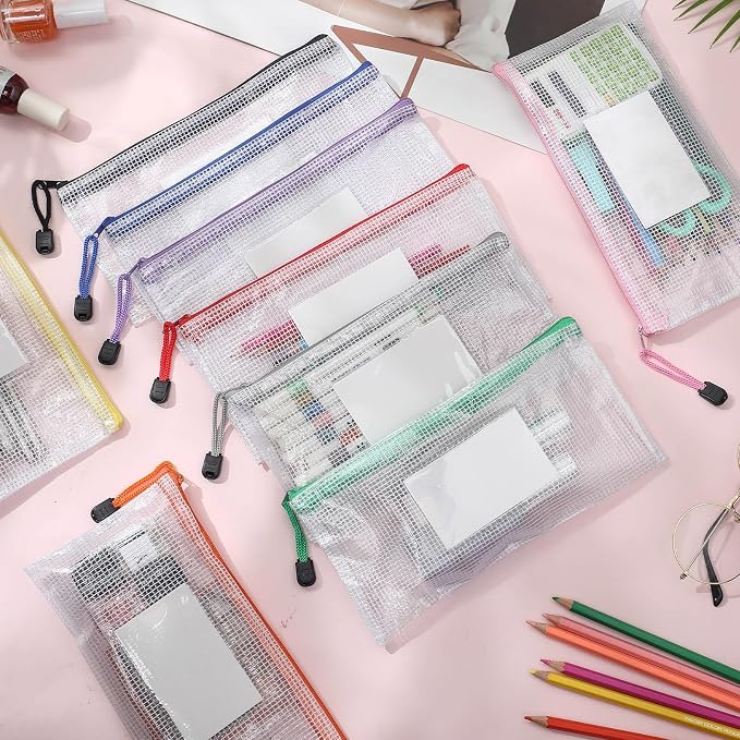 Handepo 100 Pcs A6 Mesh Zipper Pouch Bags with Label Pocket 9.45x4.53 Inch Waterproof Small Zipper File Bags Bulk Color Pencil Document Multipurpose Pouches for Office Travel Puzzles Games Organizing - Image 7