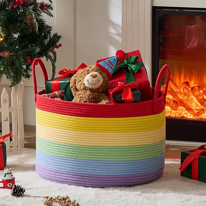 KAKAMAY Large Blanket Basket with Handles, Storage Basket for Living Room | Extra Large Capacity | Natural Cotton Rope | Blanket Storage | Woven Storage Basket | Stuffed Animal Storage | Laundry Basket - Image 7