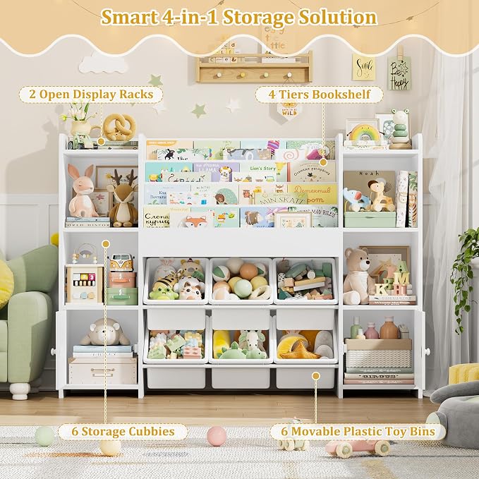 Toy Storage Organizer with 6 Toy Bins & 4 Tier Kids Bookshelf | Toy Organizer with 6 Cubbies, Kids Toy Organizers and Toy Storage with Bins, Playroom Storage and Toy Chest, White - Image 6