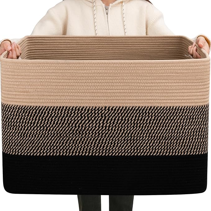 OIAHOMY 108L Extra Large Blanket Basket Dog Toy Basket Yellow and Black | Rectangle Woven Baskets for Storage Cotton Rope Basket For Living Room Toy Storage Blanket Storage Laundry Basket by MasterofSpaceOptimization