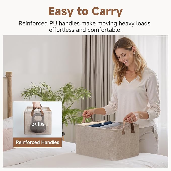 StorageWorks Storage Bins, Storage Baskets, Brown and Beige, 2-Pack | With Reinforced PU Handles, Metal Frame, Collapsible, Storage Basket for Shelves, Closet, Holds Clothes, Towels, Blankets - Image 5