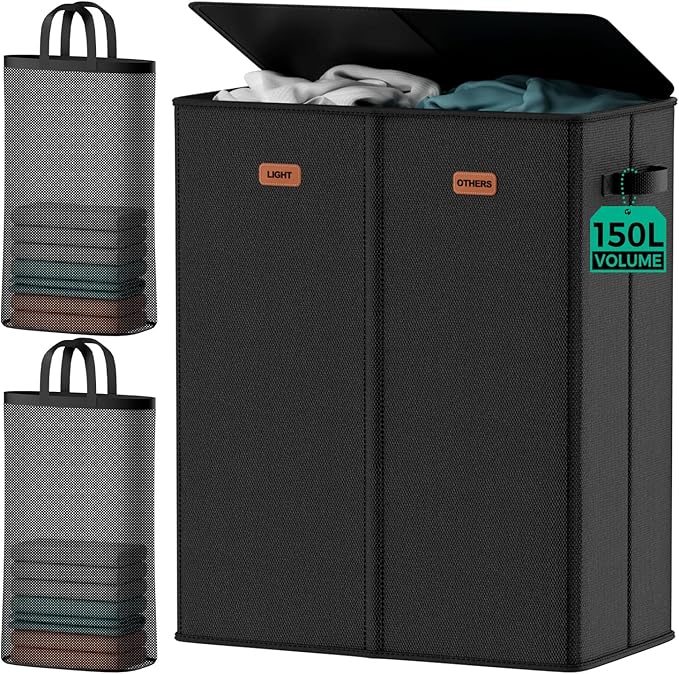 150L Double Laundry Hamper with Lid – 2-Section Clothes Hamper with Removable Bag for Bathroom, Bedroom, Laundry Room & Dorm by MECINFUL