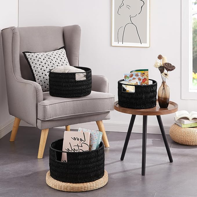 Wicker Storage Basket, Hand-Woven Paper Rope Large Round Woven Basket With Handles, Wicker Baskets for Organizing/Storage, Black, 3-Pack - Image 6