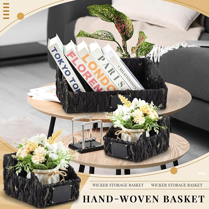 4 Pcs Water Hyacinth Storage Basket Set Boho Wicker Rattan Pantry Basket with Chalkboard Label Handles Woven Container Kitchen Laundry Large Small for Shelf Food Home Bathroom Decor(Black) - Image 4