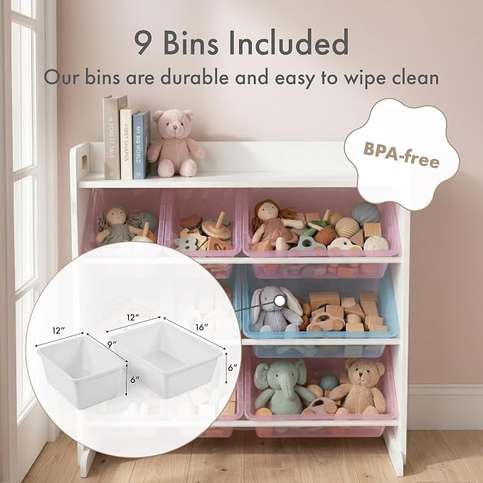 Humble Crew Kids Toy Organizer with Display Shelf, 9 Bins, 3 Tier Storage | Sturdy wood and steel toddler shelf, removable BPA-free containers, wall anchor anti-tip safety kit for bedroom or classroom - Image 4