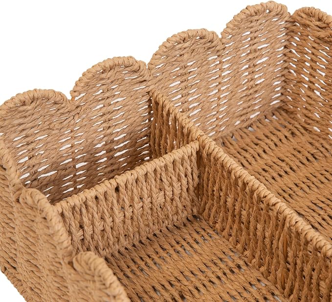 Rattan Divided Scalloped Basket,Wicker Diaper Caddy Scalloped Baske,Woven Natural Basket with 4 Dividers,Suitable for Baby Rooms, Bathrooms, Bedrooms (Paper Rope) - Image 9
