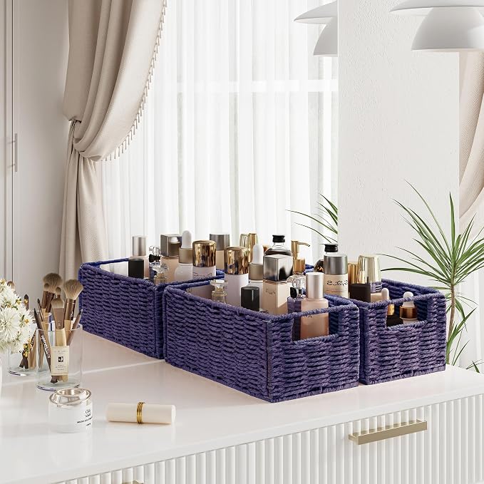 Wicker Storage Basket, Set of 2 Hand-Woven Paper Rope Wicker Basket, Small Storage Baskets for Organizing Toilet Paper, Foldable Small Cube Organizer Bins for Shelves (Purple) - Image 3