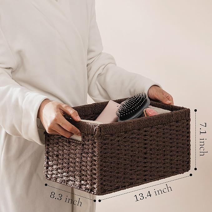 UBBCARE 4 Pack Wicker Basket, 13.4L×8.3H×7.1W inch Woven Paper Rope Storage Baskets for Shelves, Foldable Rectangular Storage Baskets with Handle, Storage Basket for Organizing, Dark Brown - Image 3